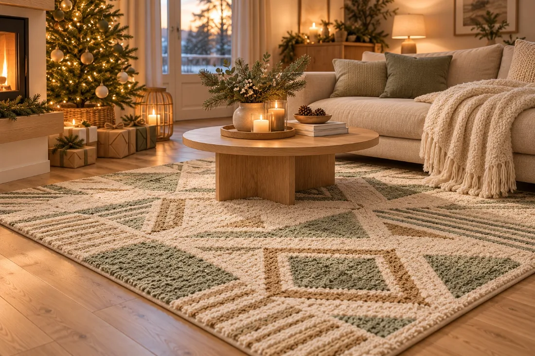 Salon scandinave cosy en hiver avec un tapis et un plaid