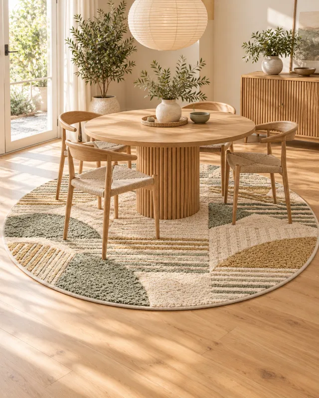 Tapis rond scandinave sous une table ronde en bois