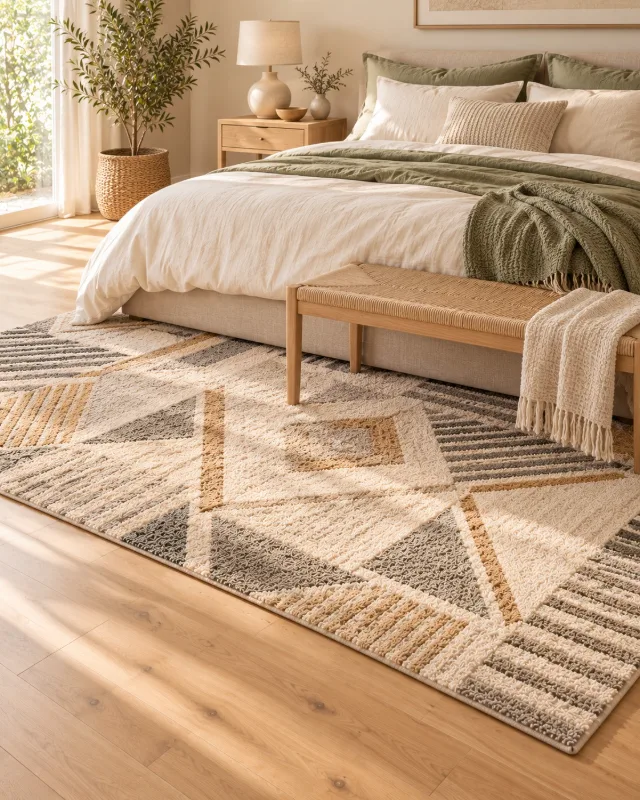 Tapis scandinave au pied d’un lit dans une chambre claire