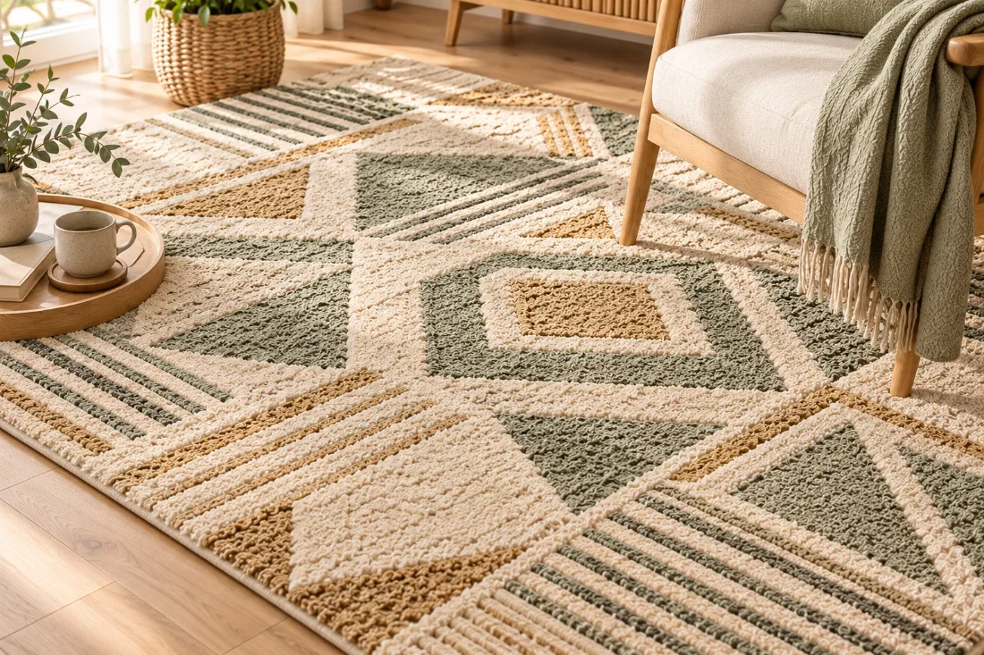 Détail d’un tapis scandinave à motifs géométriques sur un parquet clair