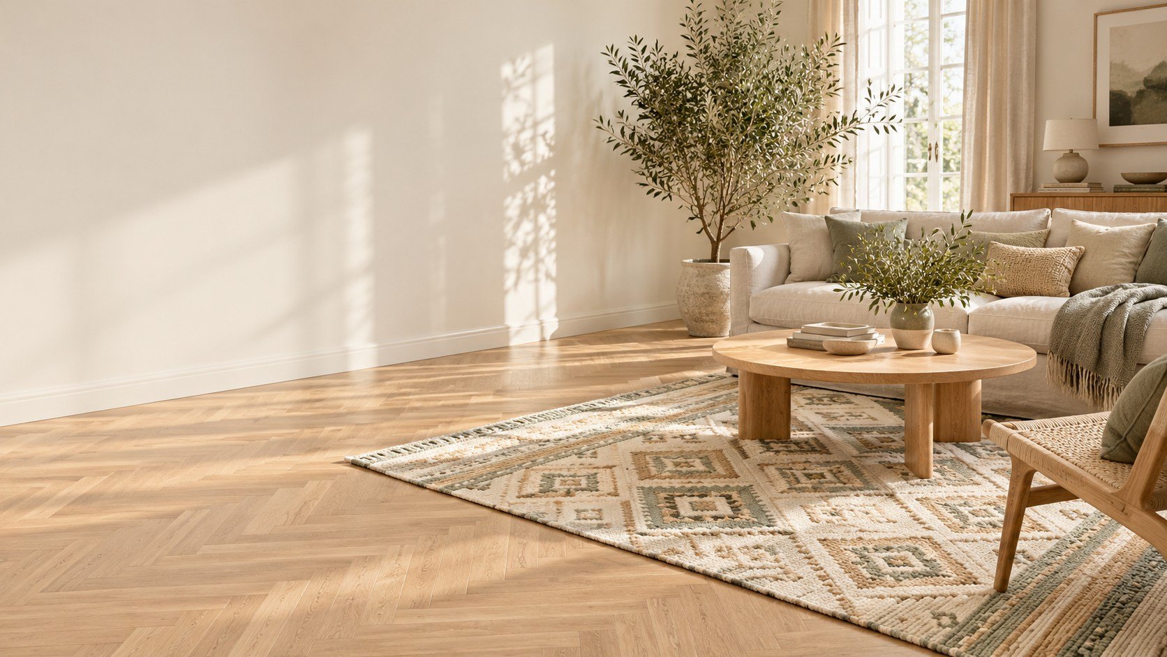 Salon scandinave lumineux avec un grand tapis à motifs géométriques crème et sauge