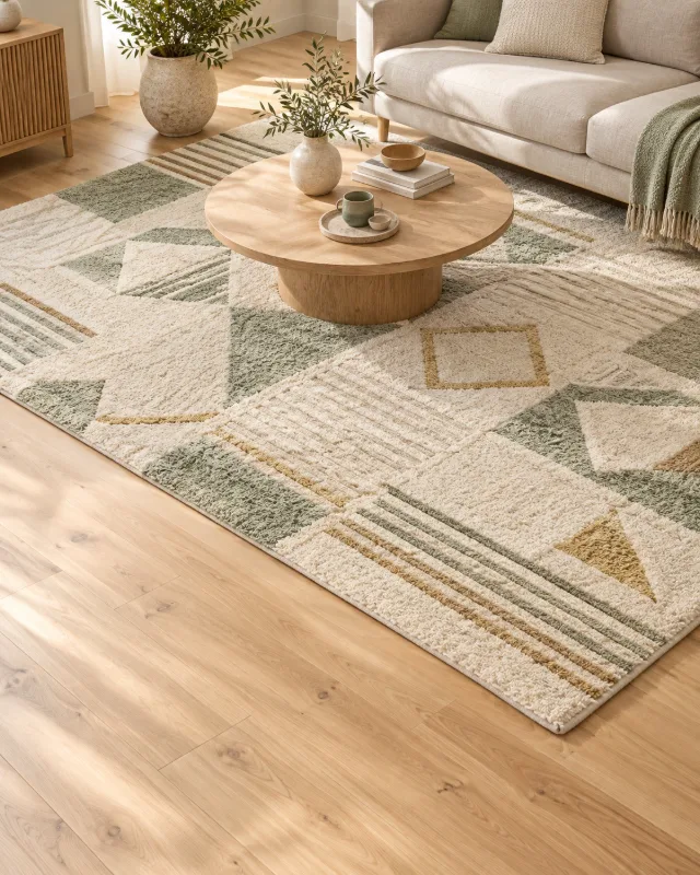 Tapis scandinave de salon sous une table basse en bois clair